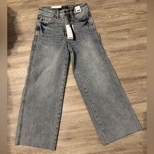 Judy Blue Mid Rose Light Wash Tummy Control Raw Hem Cropped Wide Leg Jeans